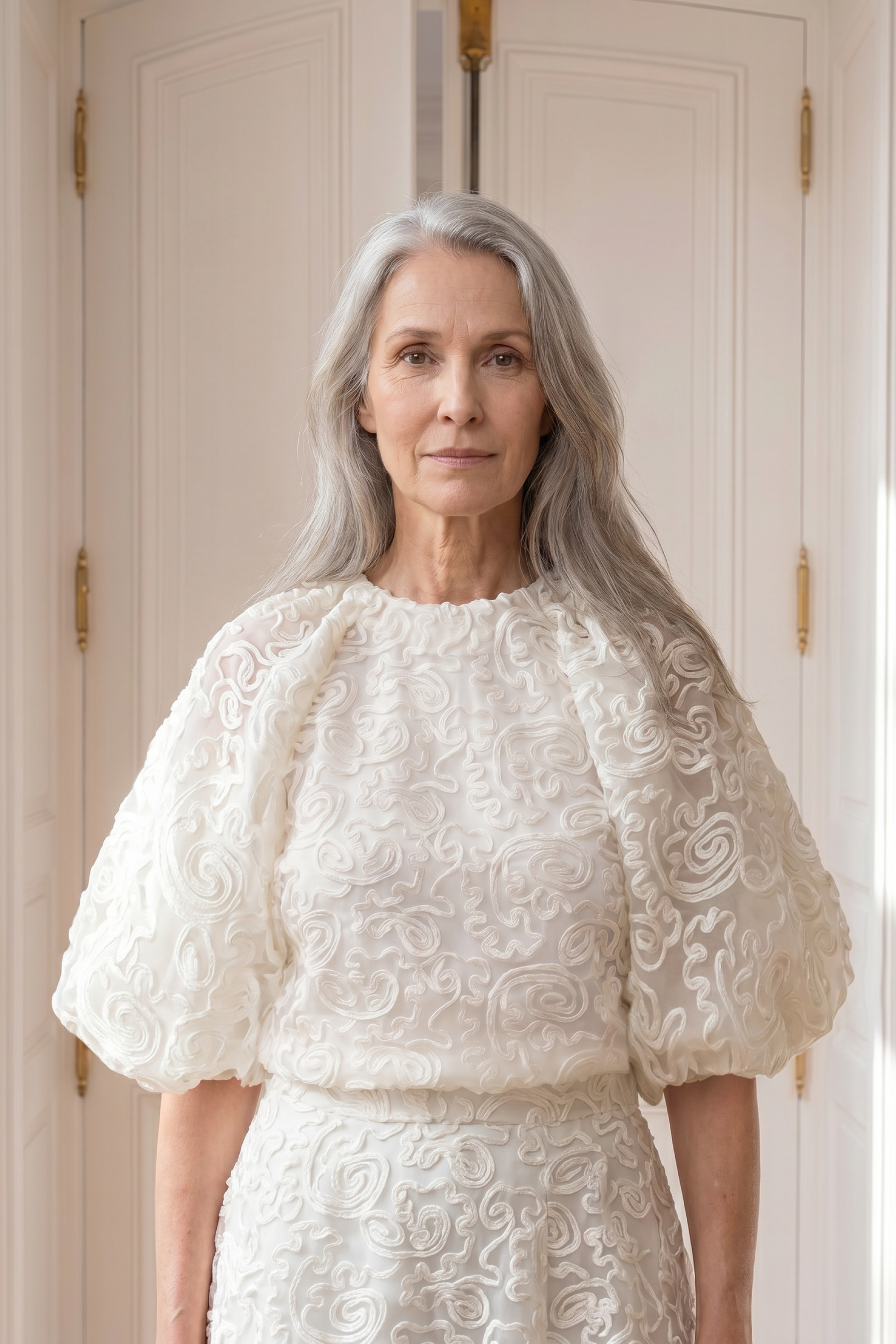 Atelier Taktil AT-Nabia Mesh Emb. Balloon Blouse Shirts & Blouses 10 Ecru