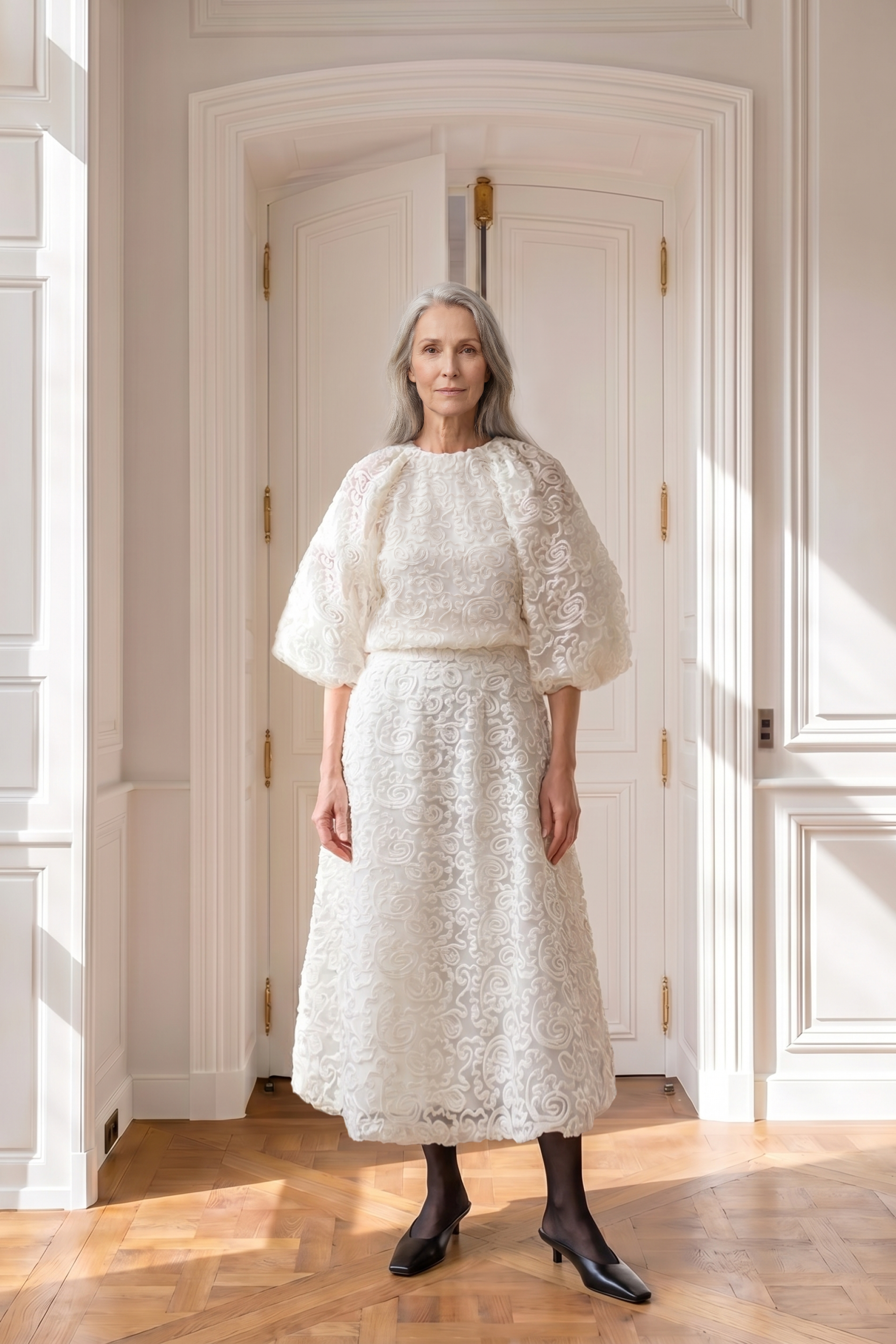 Atelier Taktil AT-Nabia Mesh Emb. Balloon Blouse Shirts & Blouses 10 Ecru